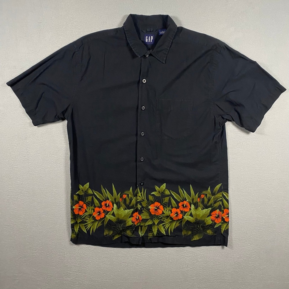 Vintage Gap Mens Black Floral Hibiscus Border Print Shirt Summer 2000 Small